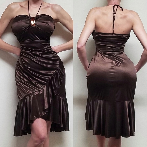 VINTAGE 80s City Triangles Brown Bandeau Halter Bronze Sequin Hi-low Salsa Dress - Picture 1 of 15